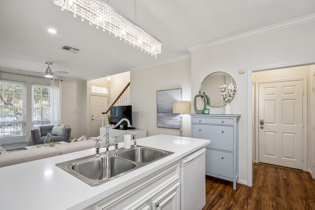 2703 Jackson St, Houston, TX 77004 - kitchen featuring crown molding, open floor plan, a sink, white dishwasher, and dark wood-style floors