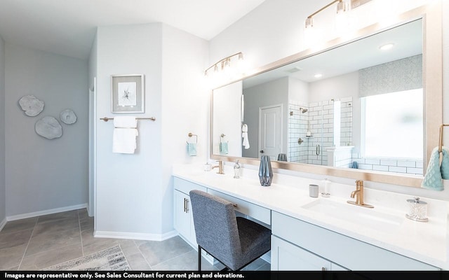 418 Riesling Dr, Alvin, TX 77511 - bathroom featuring a stall shower, double vanity, and baseboards