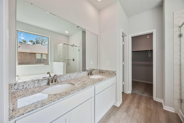 1497 Rd 66114, Dayton, TX 77535 - bathroom featuring a stall shower, wood finished floors, a walk in closet, double vanity, and a bath