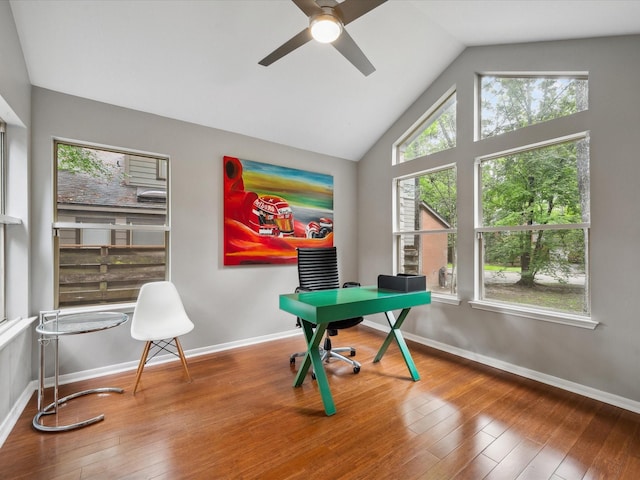10 Leaf Trace Ct, The Woodlands, TX 77381 - office with a ceiling fan, hardwood / wood-style floors, and vaulted ceiling