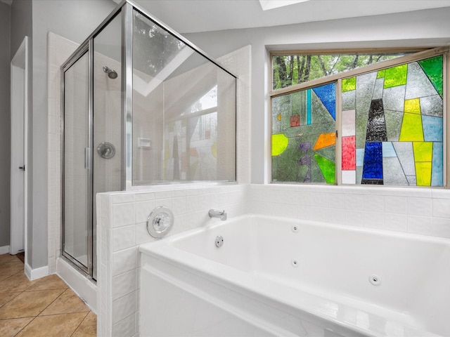 10 Leaf Trace Ct, The Woodlands, TX 77381 - full bathroom featuring a shower stall, a whirlpool tub, and tile patterned flooring