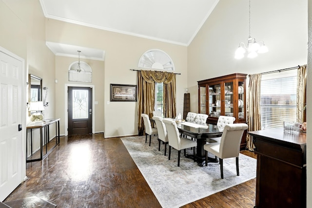 3002 Trinity Pass Ct, Spring, TX 77373 - dining area with high vaulted ceiling, a chandelier, plenty of natural light, ornamental molding, and dark wood-type flooring