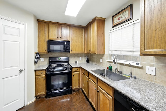 3002 Trinity Pass Ct, Spring, TX 77373 - kitchen with black appliances, dark wood-style flooring, light countertops, decorative backsplash, and brown cabinets