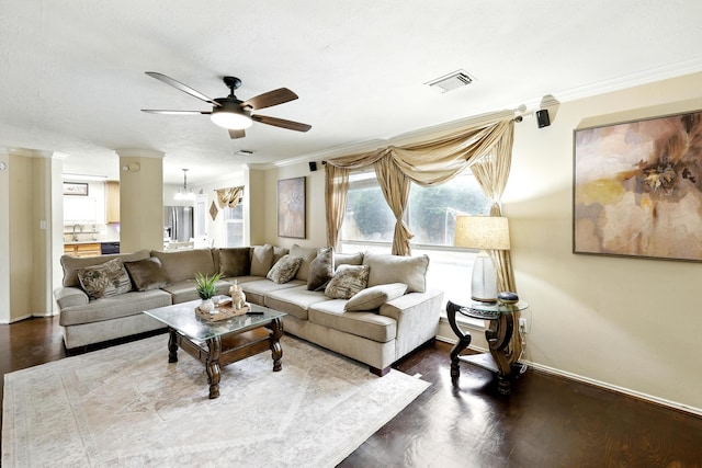 3002 Trinity Pass Ct, Spring, TX 77373 - living room with crown molding, ceiling fan, and dark wood-style floors