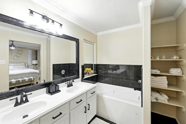 3002 Trinity Pass Ct, Spring, TX 77373 - ensuite bathroom featuring a bath, ornamental molding, double vanity, and ceiling fan