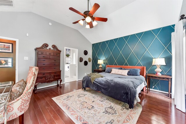 14222 Autumn Mist, Cypress, TX 77429 - bedroom featuring an accent wall, lofted ceiling, hardwood / wood-style flooring, and a ceiling fan
