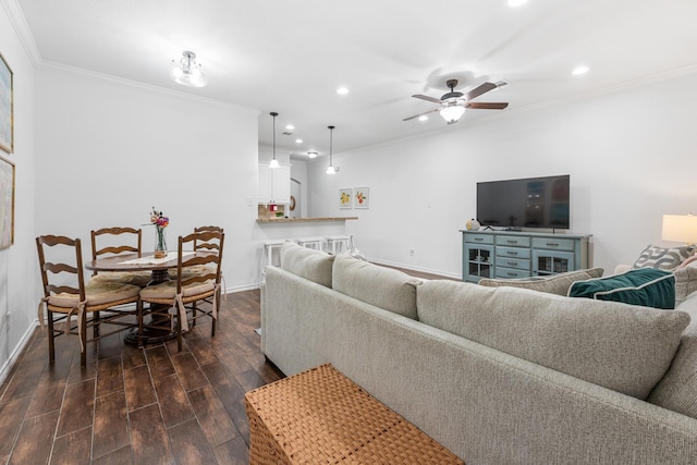 1603 Culture Ln, College Station, TX 77845 - living area with baseboards, ornamental molding, recessed lighting, dark wood-type flooring, and a ceiling fan