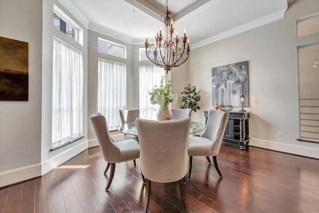 2010 Sabine St, Houston, TX 77007 - dining space with a chandelier, crown molding, baseboards, healthy amount of natural light, and wood finished floors