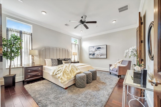 2010 Sabine St, Houston, TX 77007 - bedroom featuring ornamental molding, baseboards, wood finished floors, ceiling fan, and recessed lighting