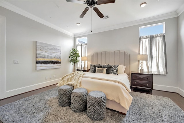 2010 Sabine St, Houston, TX 77007 - bedroom with wood finished floors, baseboards, crown molding, and ceiling fan