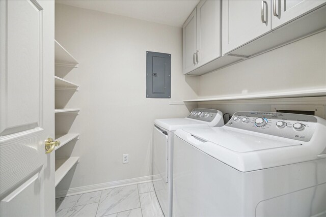 2901 Bammel Ln Unit 17, Houston, TX 77098 - washroom with electric panel, washer and dryer, cabinet space, light marble finish floors, and baseboards