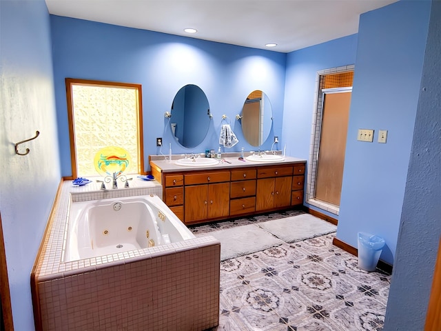 2301 Hines Lake Rd, Coldspring, TX 77331 - bathroom with a shower stall, a whirlpool tub, double vanity, and tile patterned flooring