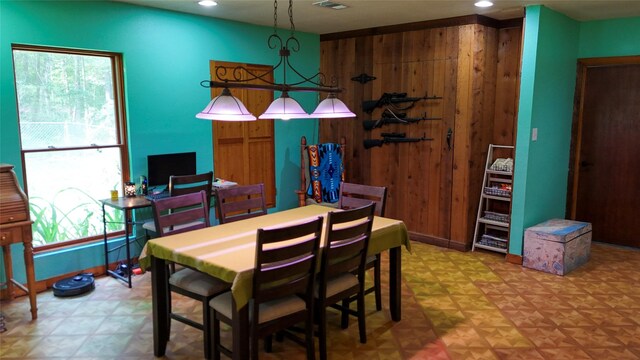 2301 Hines Lake Rd, Coldspring, TX 77331 - dining area featuring wood walls and recessed lighting