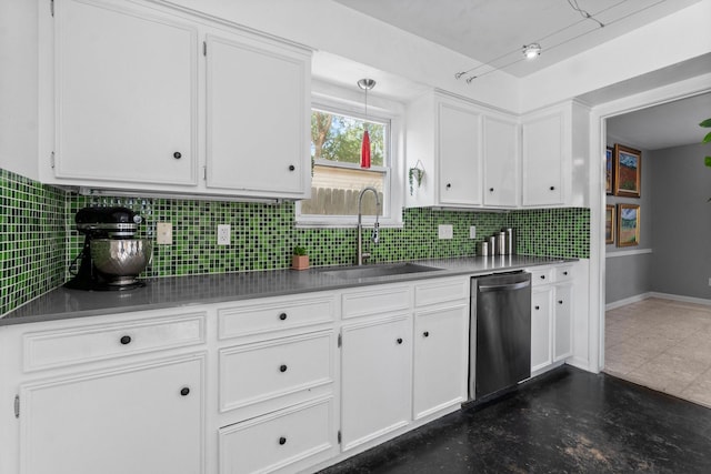 1919 Shadowdale Dr, Houston, TX 77043 - kitchen featuring stainless steel dishwasher, a sink, white cabinetry, backsplash, and baseboards