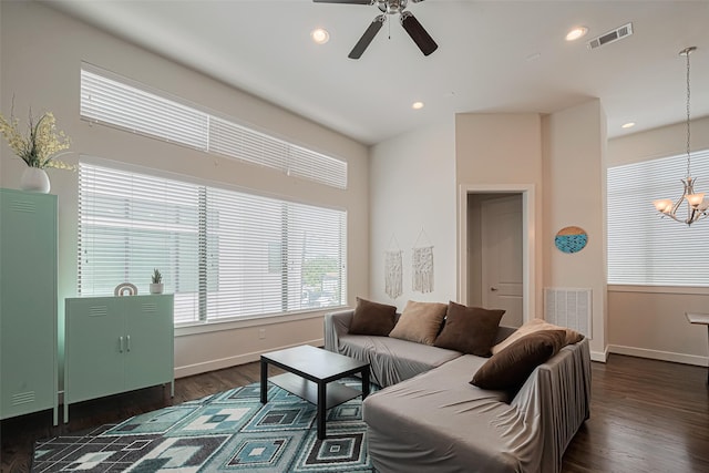 72 N Hutcheson St, Houston, TX 77003 - living area featuring a chandelier, a ceiling fan, baseboards, dark wood finished floors, and recessed lighting