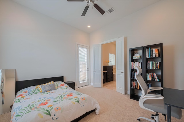 72 N Hutcheson St, Houston, TX 77003 - bedroom with light carpet, a desk, lofted ceiling, a ceiling fan, and recessed lighting