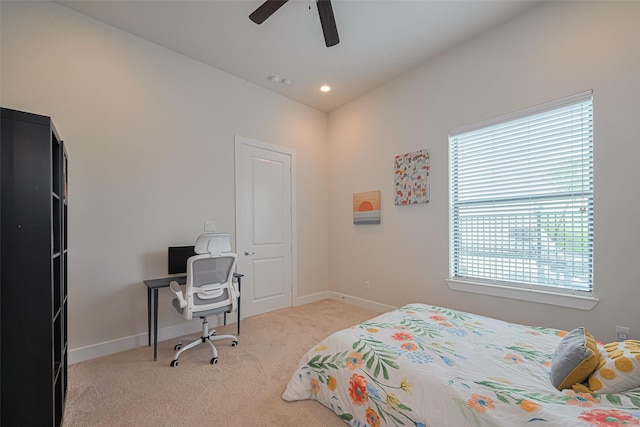 72 N Hutcheson St, Houston, TX 77003 - bedroom with light carpet, baseboards, recessed lighting, and a ceiling fan
