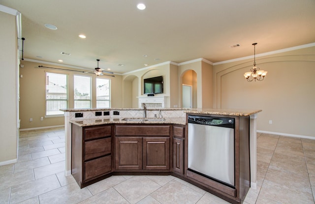 9126 Lake Lewisville Ct, Cypress, TX 77433 - kitchen with stainless steel dishwasher, a sink, a ceiling fan, ornamental molding, and a center island