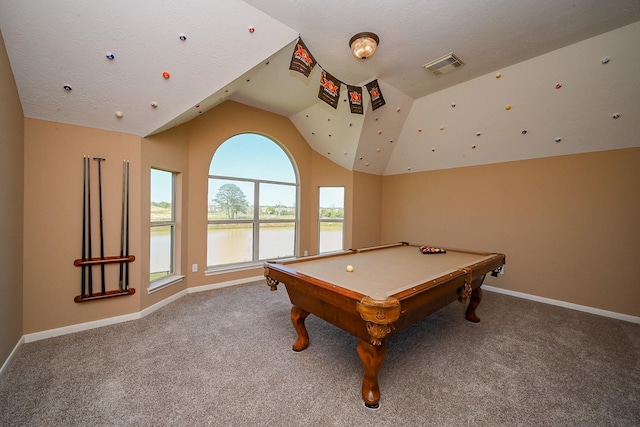 4214 Bridgestone Shadow Ct, Spring, TX 77388 - recreation room featuring a water view, lofted ceiling, carpet, billiards, and baseboards