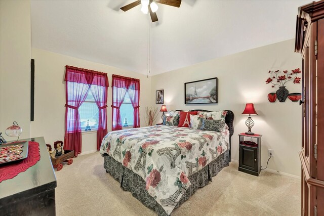 2206 E Van Trease Dr, Deer Park, TX 77536 - carpeted bedroom featuring baseboards, ceiling fan, and vaulted ceiling