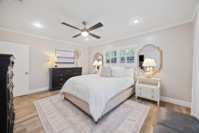 12302 Overcup Dr, Houston, TX 77024 - bedroom with ornamental molding, baseboards, wood finished floors, ceiling fan, and recessed lighting
