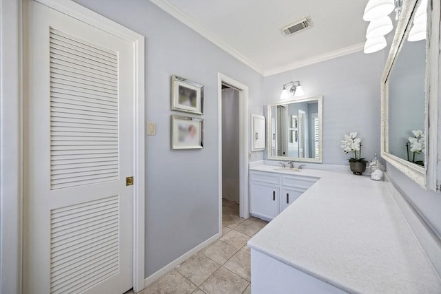 12302 Overcup Dr, Houston, TX 77024 - bathroom featuring ornamental molding, vanity, and tile patterned flooring