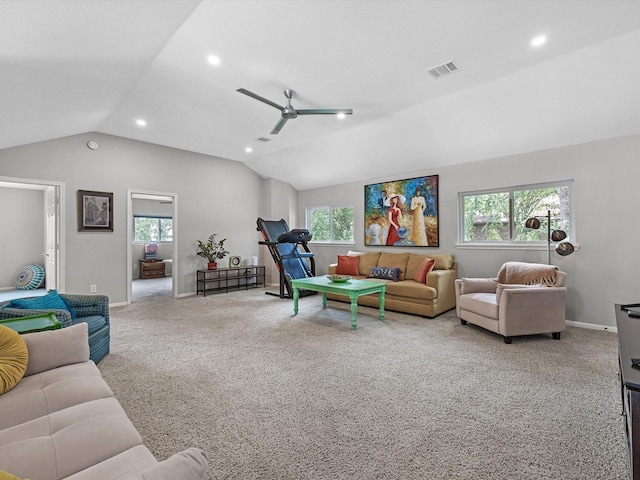 2710 Magnolia Walk, Spring, TX 77388 - living room with vaulted ceiling, a ceiling fan, recessed lighting, carpet, and baseboards