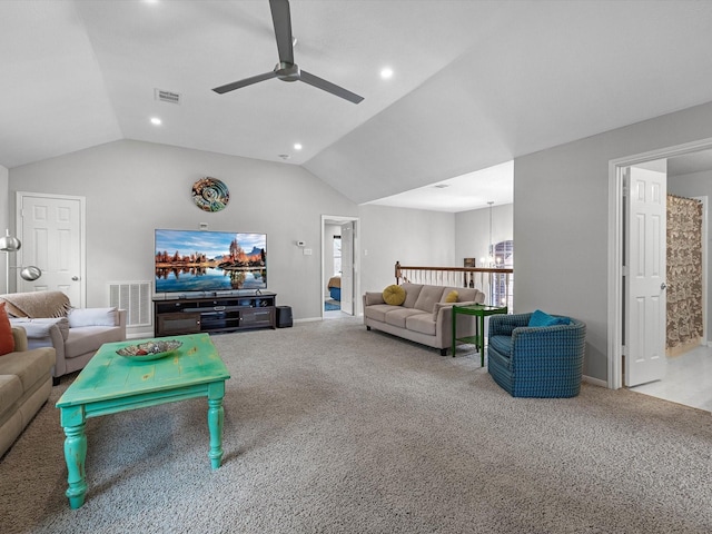 2710 Magnolia Walk, Spring, TX 77388 - living room with ceiling fan, lofted ceiling, carpet, baseboards, and recessed lighting