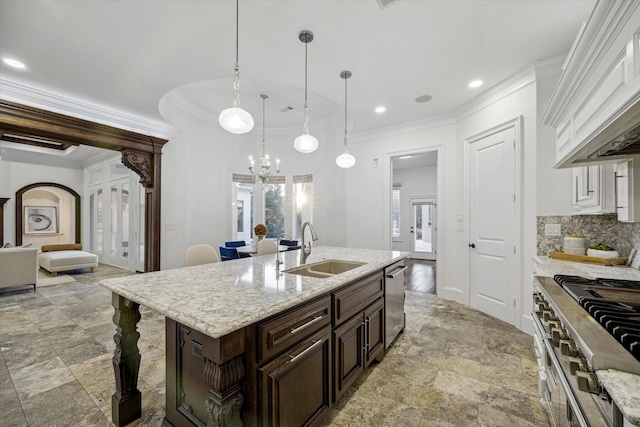 10 Broadwater Ct, Shenandoah, TX 77381 - kitchen featuring a sink, stone tile floors, dishwasher, ornamental molding, and dark brown cabinetry
