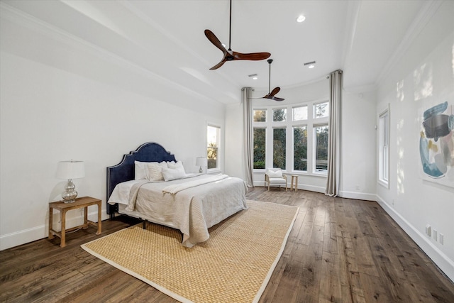 10 Broadwater Ct, Shenandoah, TX 77381 - bedroom featuring dark wood-type flooring, crown molding, baseboards, recessed lighting, and a ceiling fan