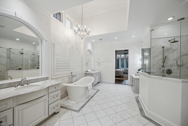 10 Broadwater Ct, Shenandoah, TX 77381 - full bath featuring a marble finish shower, vanity, recessed lighting, ensuite bath, and ornamental molding