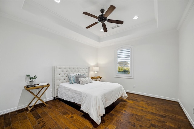 10 Broadwater Ct, Shenandoah, TX 77381 - bedroom with a raised ceiling, ornamental molding, hardwood / wood-style floors, recessed lighting, and baseboards