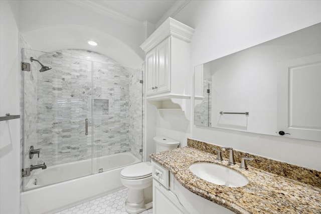 10 Broadwater Ct, Shenandoah, TX 77381 - full bath with toilet, vanity, combined bath / shower with glass door, and ornamental molding