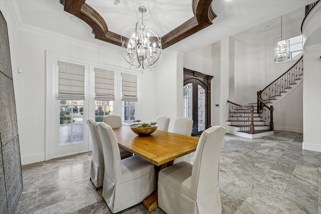 10 Broadwater Ct, Shenandoah, TX 77381 - dining area with a chandelier, ornamental molding, stairs, french doors, and baseboards