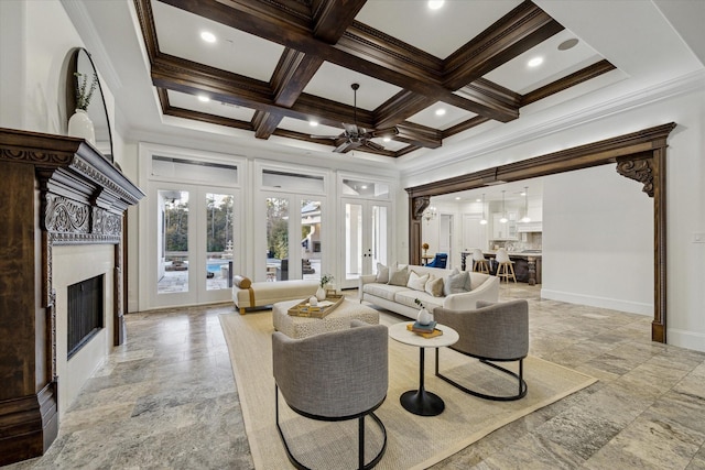 10 Broadwater Ct, Shenandoah, TX 77381 - living area with french doors, coffered ceiling, baseboards, beam ceiling, and ornamental molding