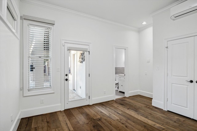 10 Broadwater Ct, Shenandoah, TX 77381 - unfurnished bedroom featuring an AC wall unit, ornamental molding, dark wood-style floors, baseboards, and recessed lighting