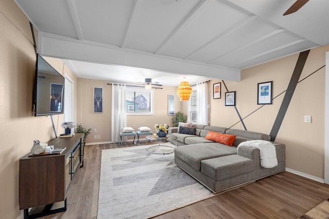 514 Texas, Surfside Beach, TX 77541 - living room with ceiling fan, wood finished floors, and beam ceiling