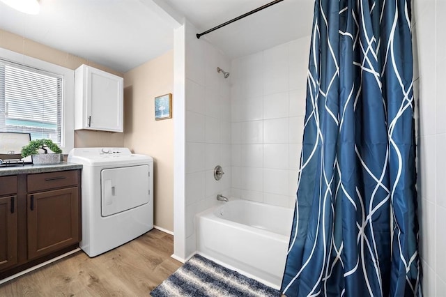 514 Texas, Surfside Beach, TX 77541 - bathroom featuring washer / clothes dryer, shower / bath combo, wood finished floors, and vanity