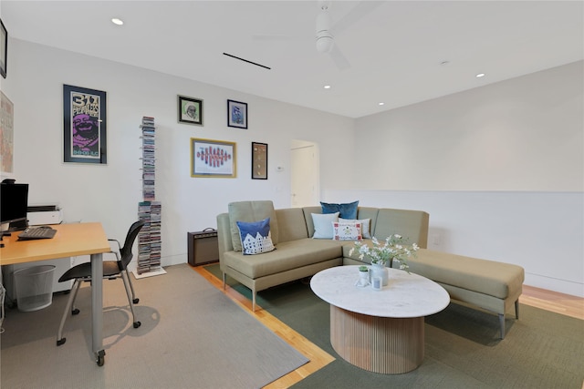 1136 Aurora St, Houston, TX 77009 - office area with wood finished floors, a ceiling fan, and recessed lighting