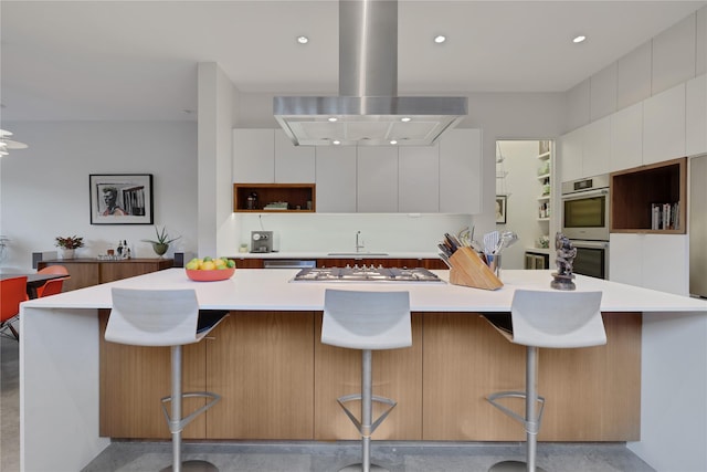 1136 Aurora St, Houston, TX 77009 - kitchen with modern cabinets, open shelves, a sink, island exhaust hood, and white cabinetry