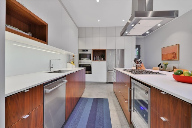 1136 Aurora St, Houston, TX 77009 - kitchen featuring modern cabinets, stainless steel appliances, a sink, beverage cooler, and ventilation hood