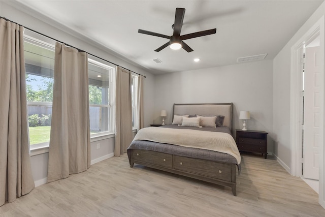 5107 Shimmering Brook Ln, Fulshear, TX 77441 - bedroom featuring baseboards, light wood-style flooring, recessed lighting, and ceiling fan