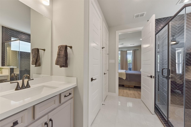 5107 Shimmering Brook Ln, Fulshear, TX 77441 - full bath featuring vanity, a shower stall, connected bathroom, and marble finish floors