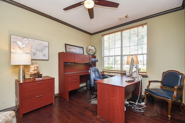 31 Hope Farm Rd, Missouri City, TX 77459 - office space with ornamental molding, ceiling fan, dark wood-type flooring, and baseboards