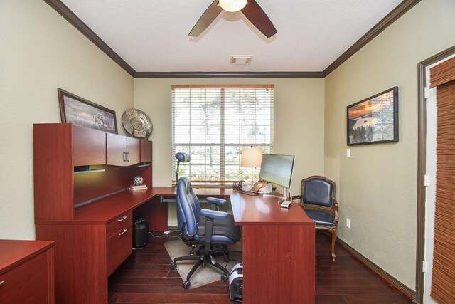 31 Hope Farm Rd, Missouri City, TX 77459 - office featuring ornamental molding, ceiling fan, dark wood-style flooring, and baseboards