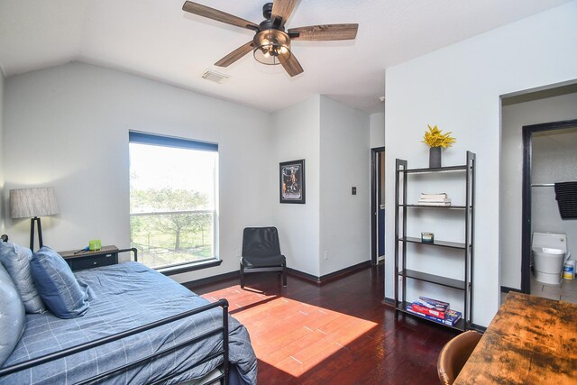 31 Hope Farm Rd, Missouri City, TX 77459 - bedroom with wood finished floors, an office area, vaulted ceiling, baseboards, and ceiling fan