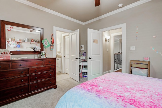 1418 Du Barry Ln, Houston, TX 77018 - bedroom featuring ornamental molding, light carpet, and ceiling fan