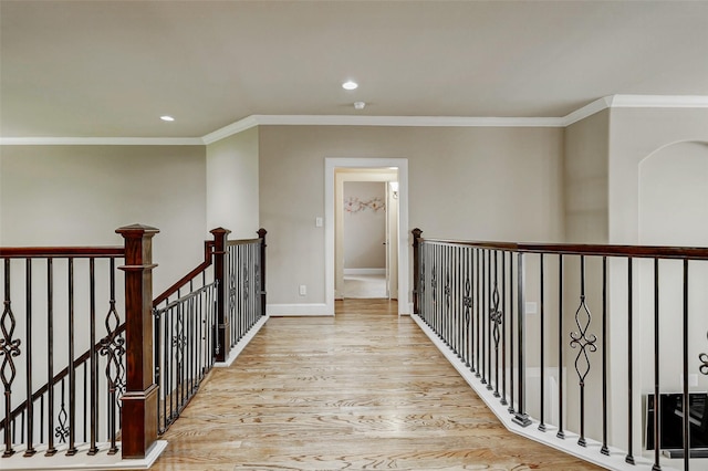 1418 Du Barry Ln, Houston, TX 77018 - hall featuring an upstairs landing, wood finished floors, ornamental molding, and recessed lighting