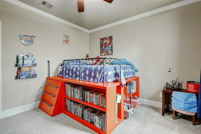 1418 Du Barry Ln, Houston, TX 77018 - bedroom featuring carpet, ornamental molding, and a ceiling fan