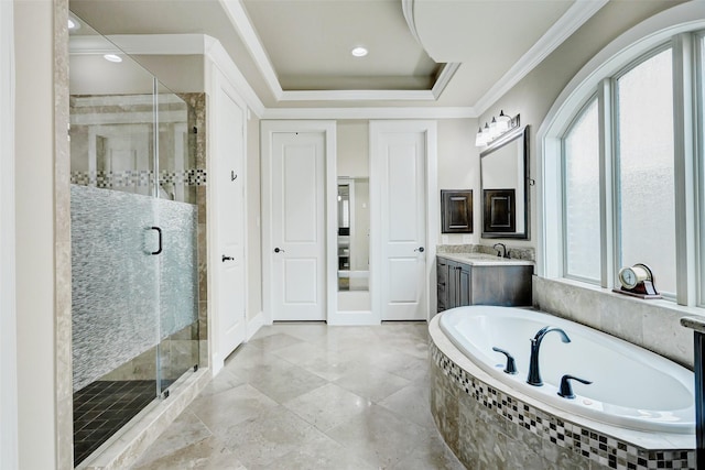 1418 Du Barry Ln, Houston, TX 77018 - full bath featuring vanity, a bath, a stall shower, and ornamental molding